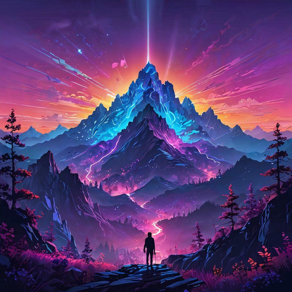 A surreal landscape depicting a majestic mountain peak adorned with glowing digital elements, symbolizing the elevation of the digital experience. Below, a serene valley filled with vibrant technology-inspired flora, such as circuit-like trees and pixelated flowers, invites exploration. The sky transitions from a soft gradient of blues and purples to a radiant sunset, illuminating the scene with a blissful glow. An abstract representation of a person experiencing joy through technology is silhouetted against the rich backdrop. digital art. vibrant colors. surrealism.