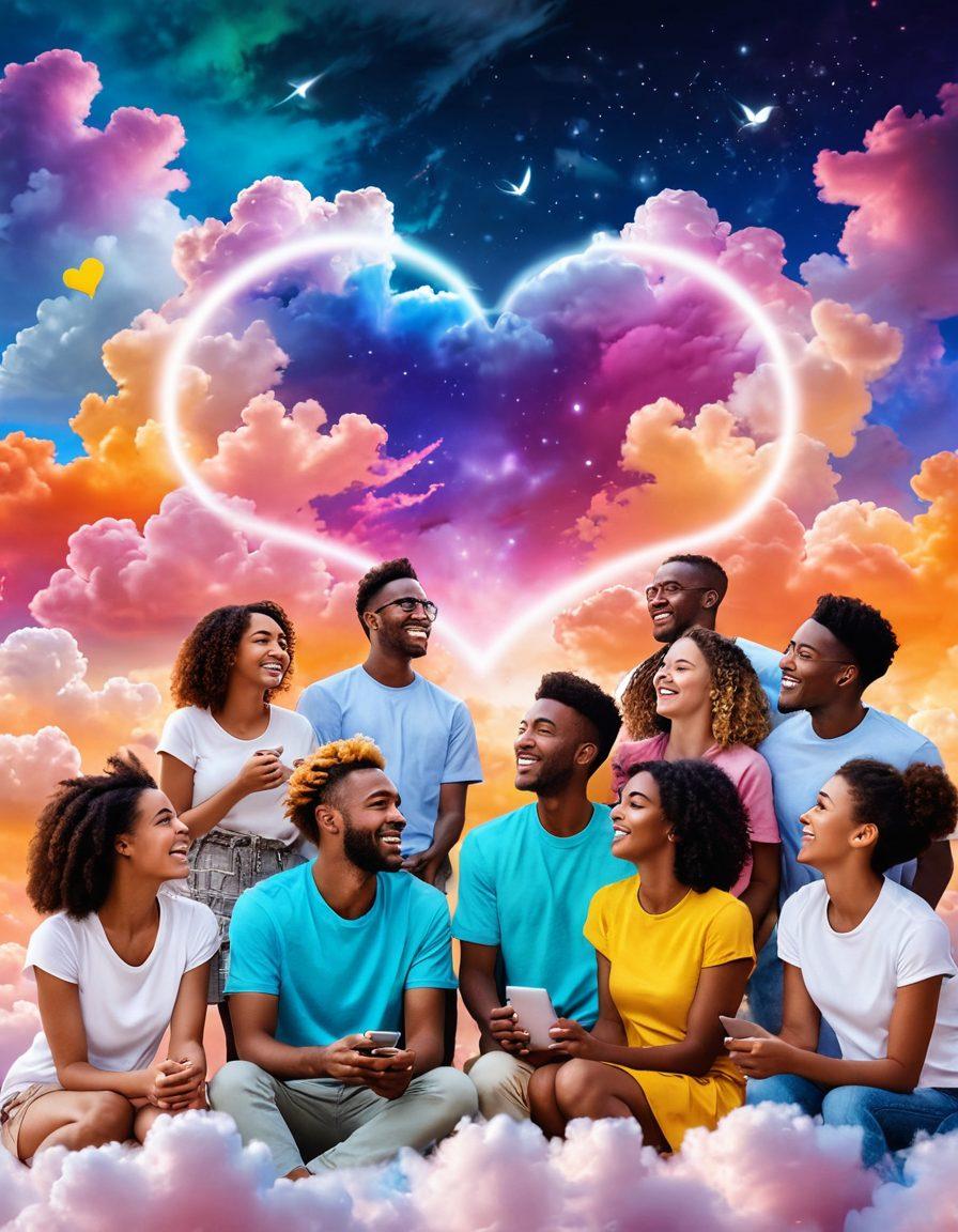 An ethereal digital scene showcasing a diverse group of people joyfully interacting online, surrounded by vibrant, colorful clouds symbolizing euphoria. Incorporate elements like heart emojis and sparkling light effects to convey happiness and connection. The background should be soft and inviting, enhancing the sense of community and positivity. super-realistic. vibrant colors. 3D.