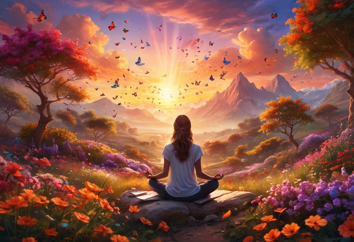 A serene landscape with a person meditating under a vibrant sunset, surrounded by colorful flowers and butterflies, symbolizing joy and blissful moments. Include elements of technology like a glowing laptop nearby, hinting at an online experience, balanced with nature. Ethereal light rays streaming down create an uplifting atmosphere. super-realistic. vibrant colors. soft focus.